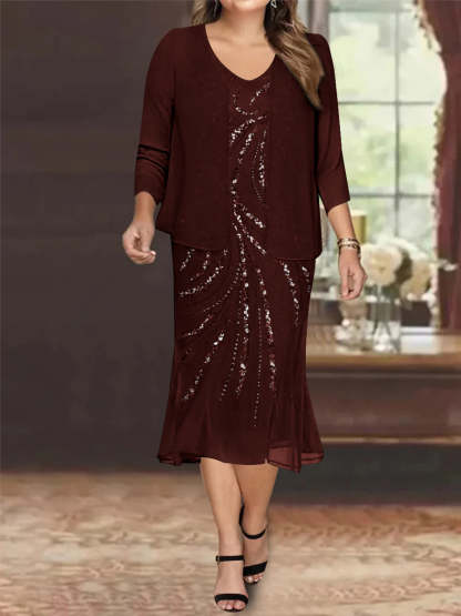 Plus Size V-Neck Chiffon Mother of the Bride Dress Set with Jacket and Sequins Knee-Length-BMbridal