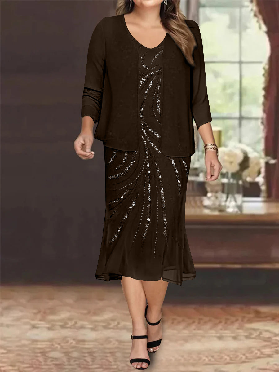Plus Size V-Neck Chiffon Mother of the Bride Dress Set with Jacket and Sequins Knee-Length-BMbridal