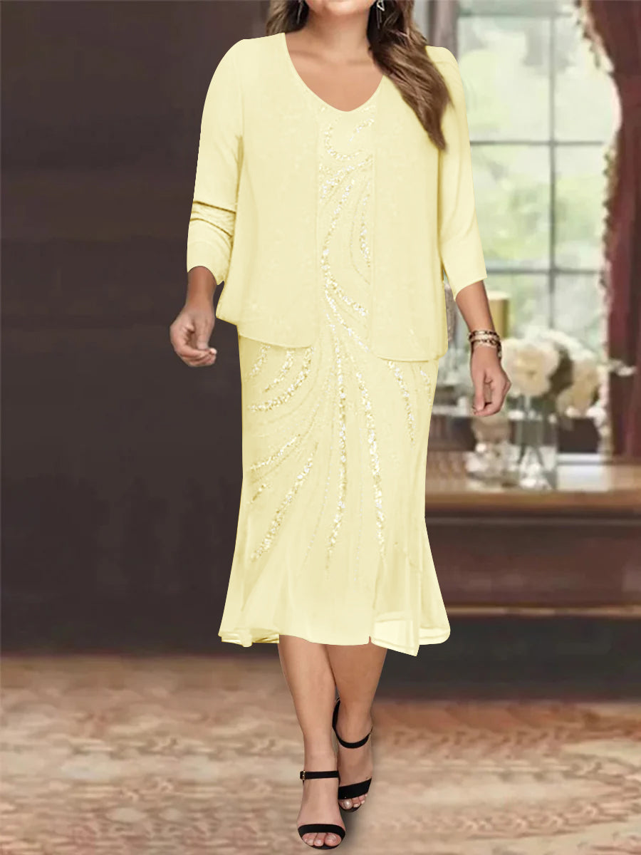 Plus Size V-Neck Chiffon Mother of the Bride Dress Set with Jacket and Sequins Knee-Length-BMbridal