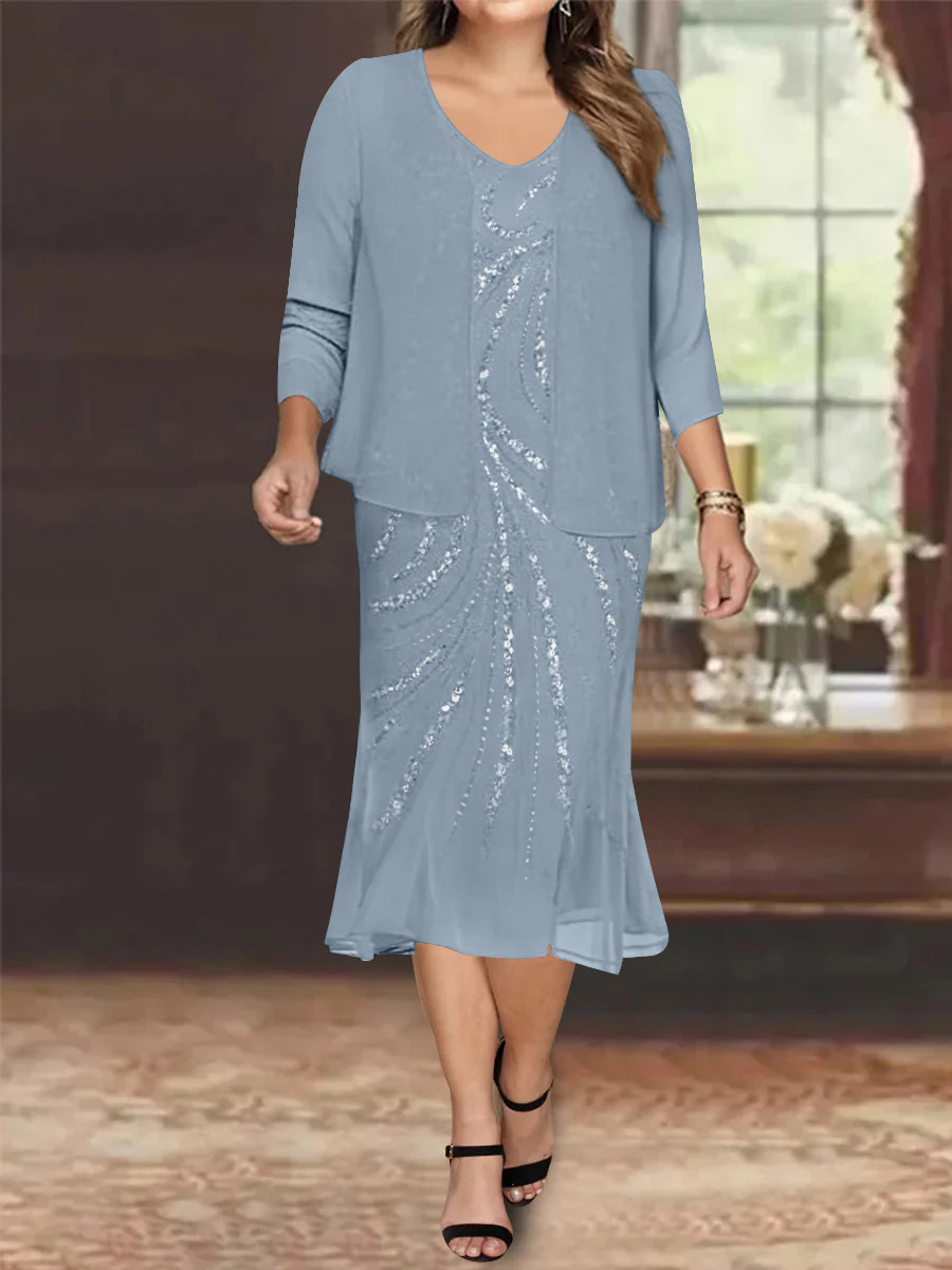 Plus Size V-Neck Chiffon Mother of the Bride Dress Set with Jacket and Sequins Knee-Length-BMbridal