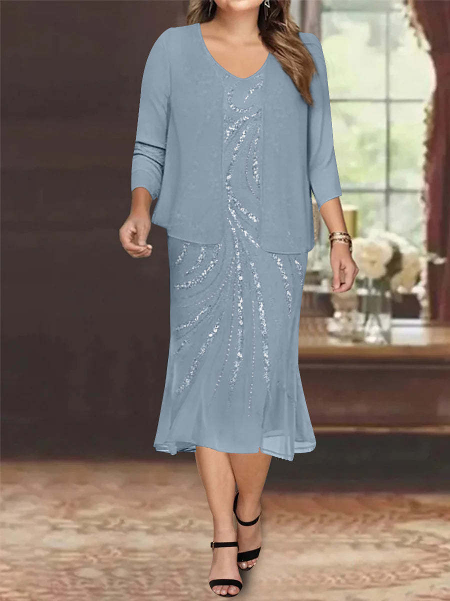 Plus Size V-Neck Chiffon Mother of the Bride Dress Set with Jacket and Sequins Knee-Length-BMbridal