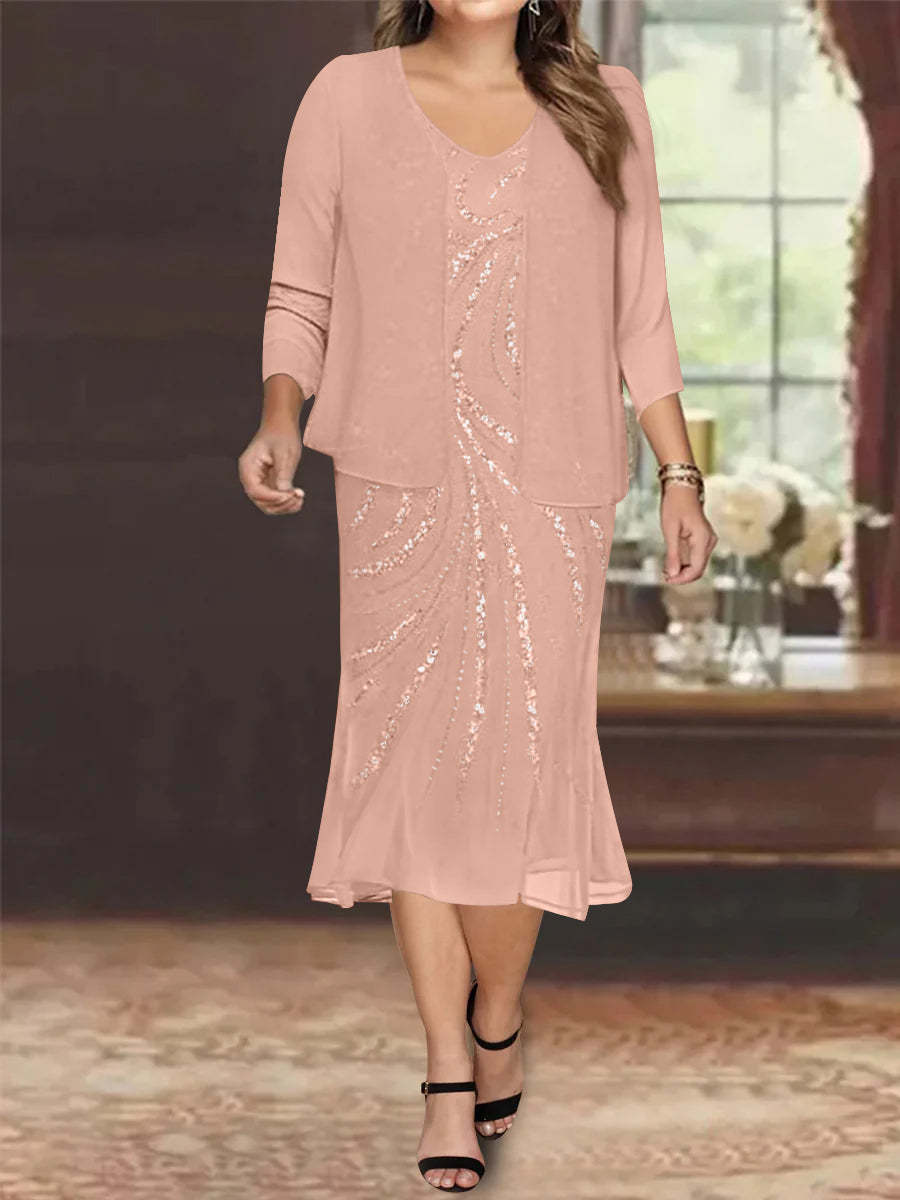 Plus Size V-Neck Chiffon Mother of the Bride Dress Set with Jacket and Sequins Knee-Length-BMbridal