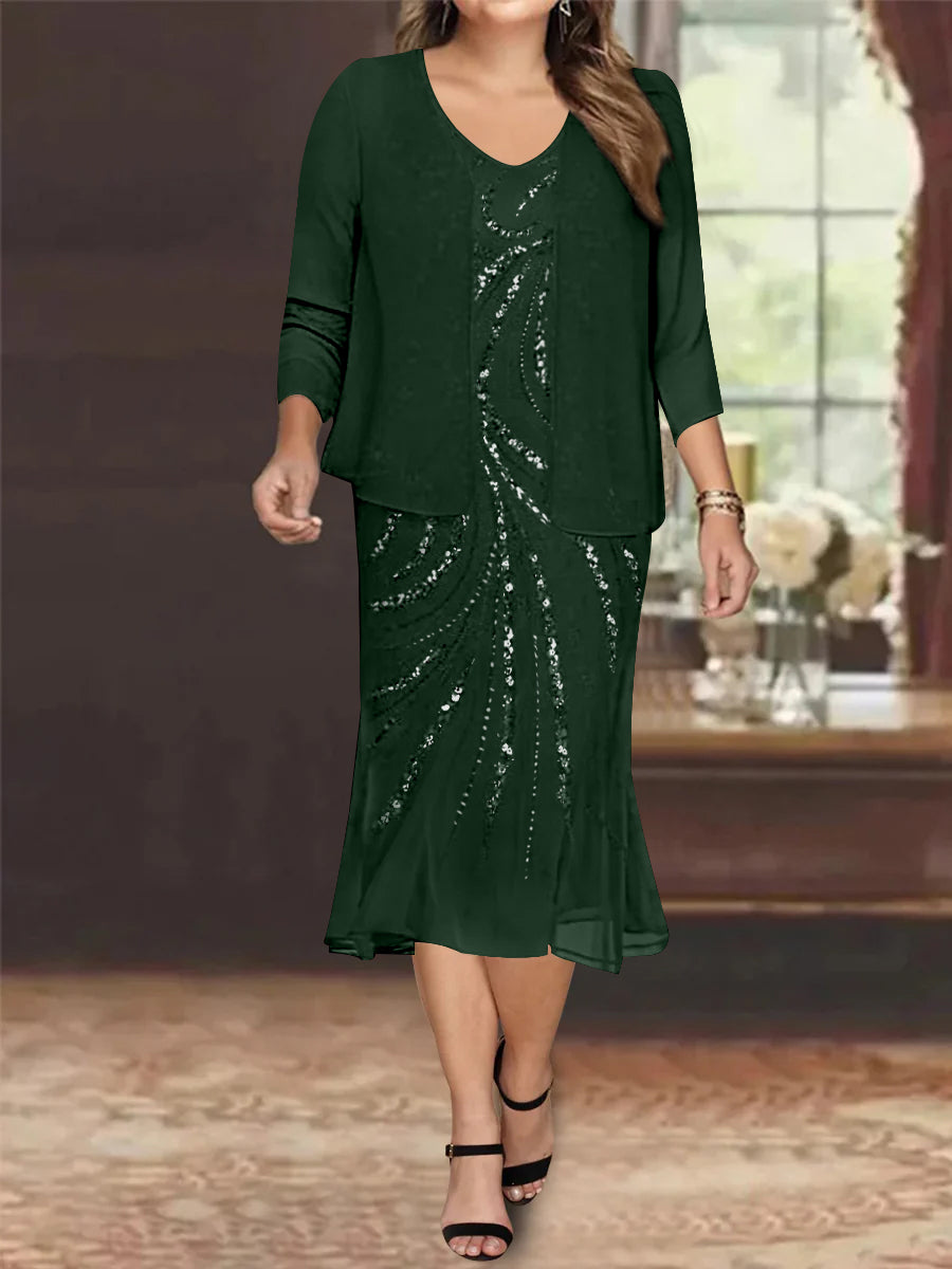 Plus Size V-Neck Chiffon Mother of the Bride Dress Set with Jacket and Sequins Knee-Length-BMbridal