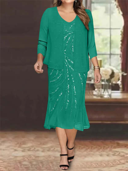 Plus Size V-Neck Chiffon Mother of the Bride Dress Set with Jacket and Sequins Knee-Length-BMbridal