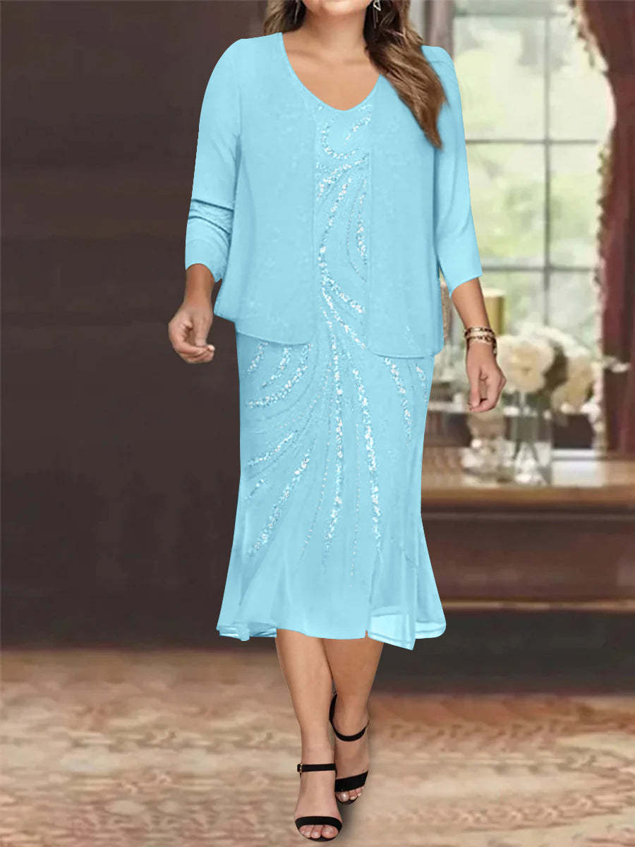 Plus Size V-Neck Chiffon Mother of the Bride Dress Set with Jacket and Sequins Knee-Length-BMbridal