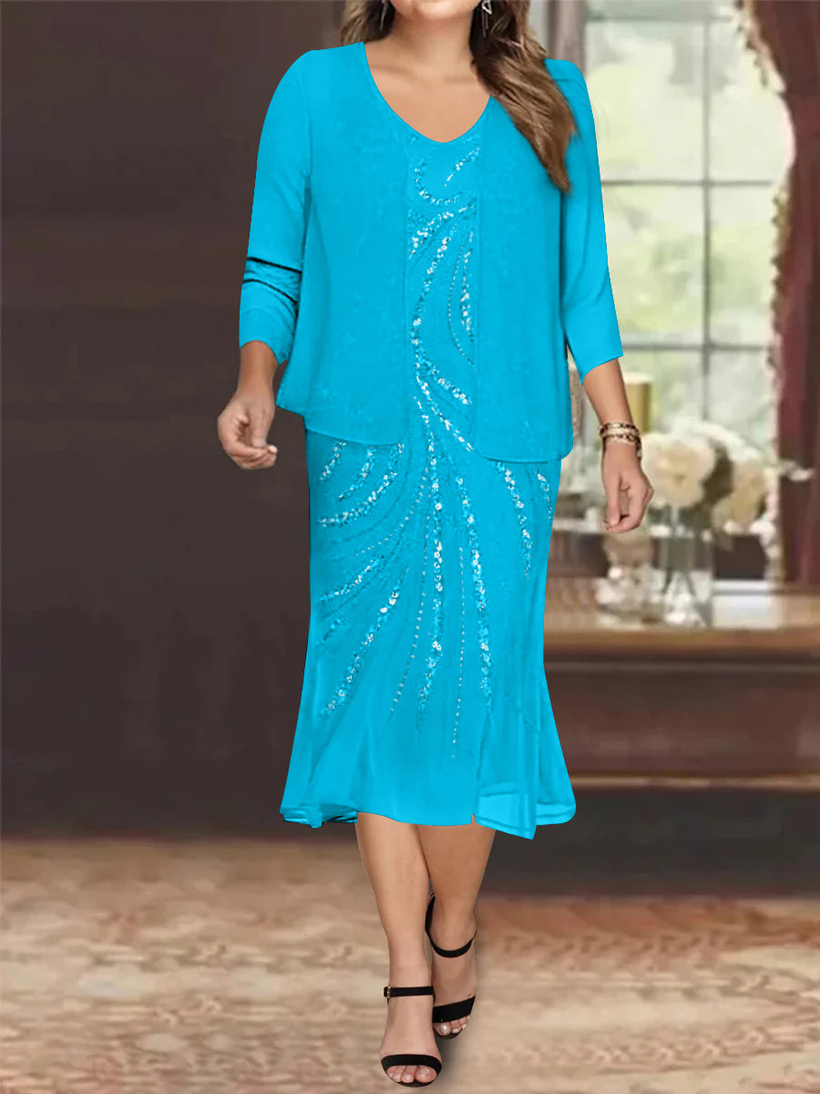 Plus Size V-Neck Chiffon Mother of the Bride Dress Set with Jacket and Sequins Knee-Length-BMbridal