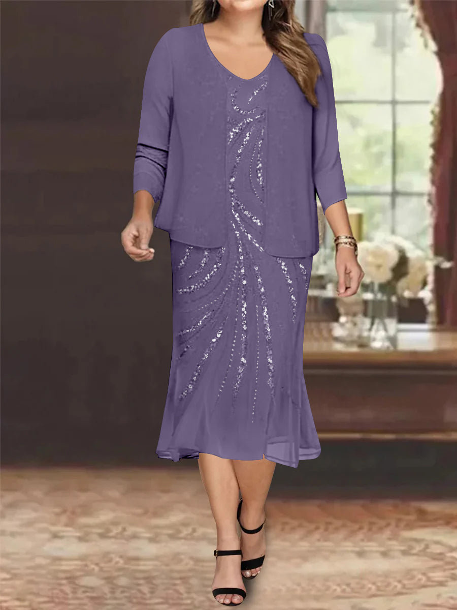 Plus Size V-Neck Chiffon Mother of the Bride Dress Set with Jacket and Sequins Knee-Length-BMbridal