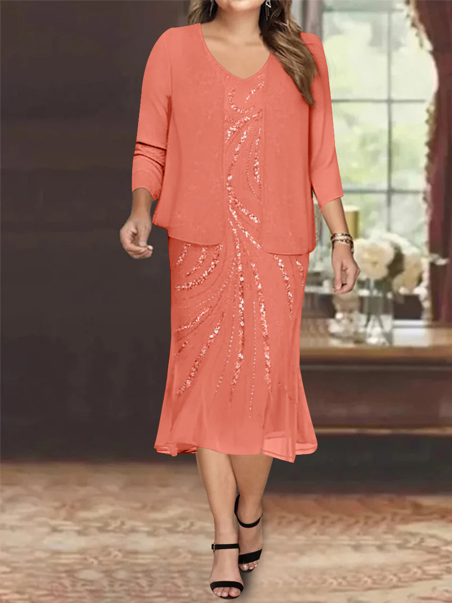 Plus Size V-Neck Chiffon Mother of the Bride Dress Set with Jacket and Sequins Knee-Length-BMbridal