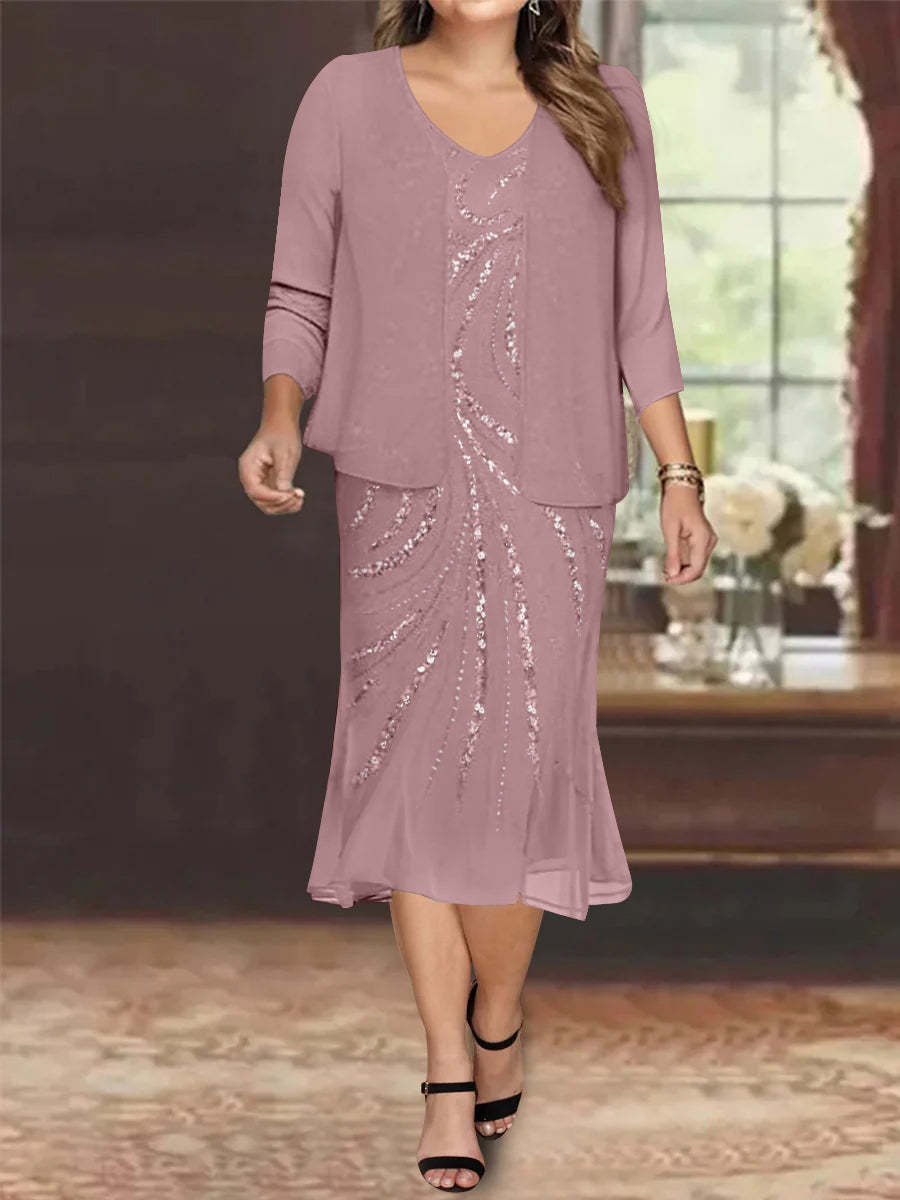 Plus Size V-Neck Chiffon Mother of the Bride Dress Set with Jacket and Sequins Knee-Length-BMbridal