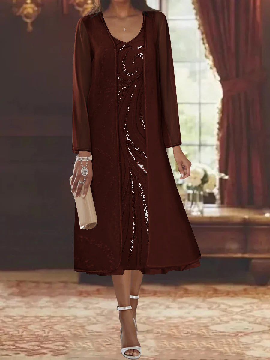 V-Neck Long-Sleeve Tea-Length Mother of the Bride Dress with Jacket and Sequins-BMbridal