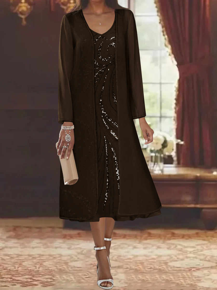 V-Neck Long-Sleeve Tea-Length Mother of the Bride Dress with Jacket and Sequins-BMbridal