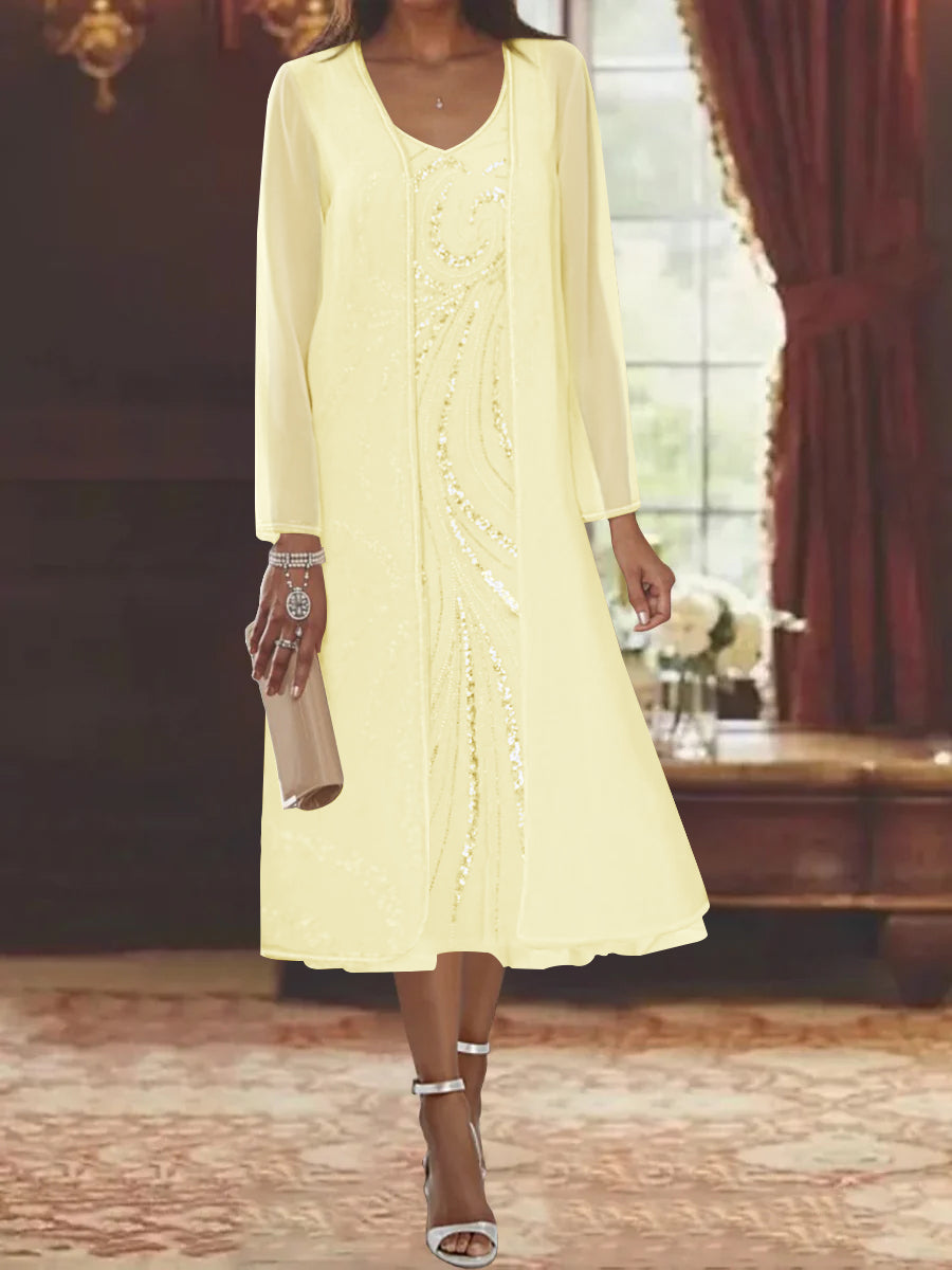 V-Neck Long-Sleeve Tea-Length Mother of the Bride Dress with Jacket and Sequins-BMbridal