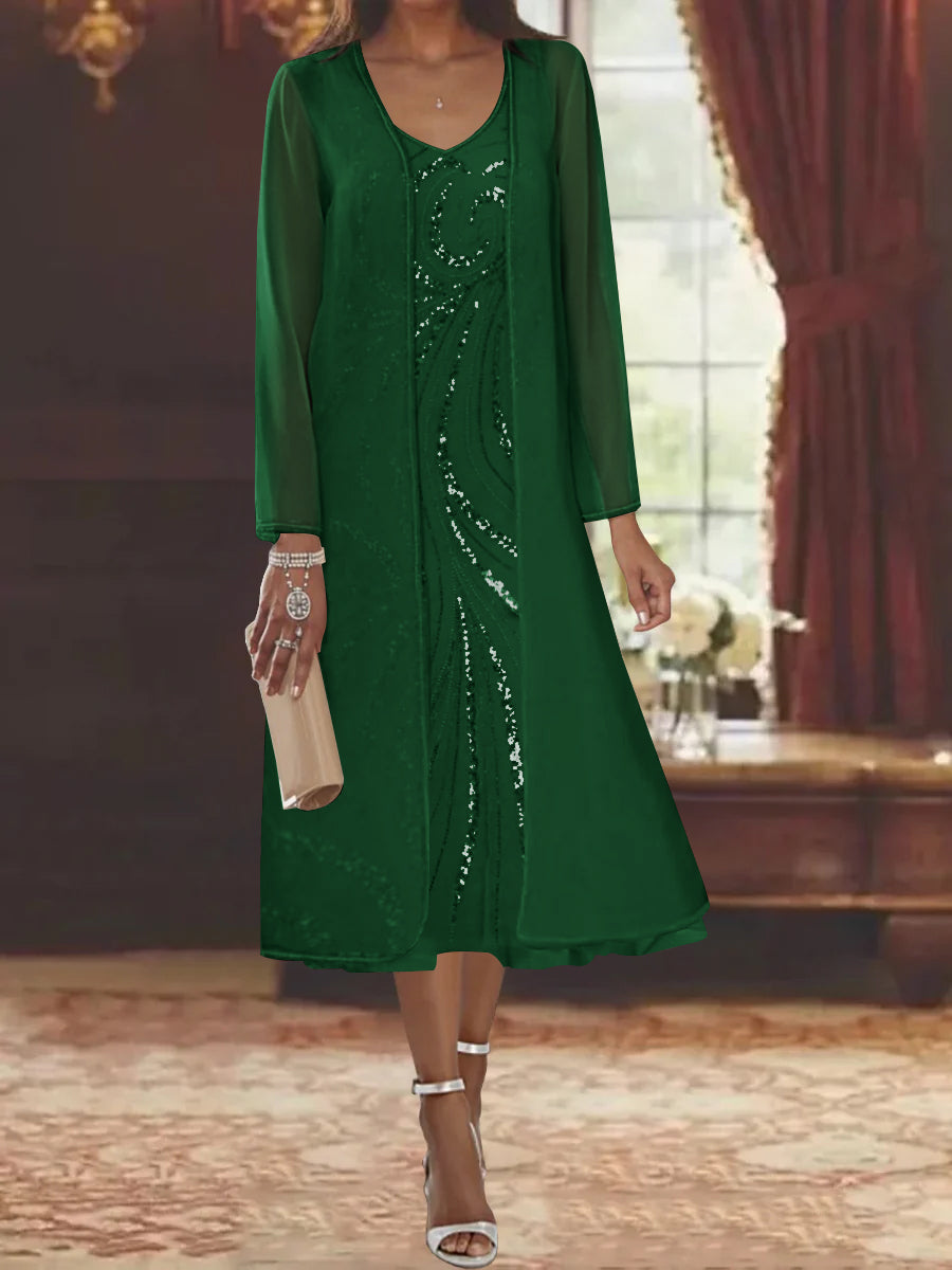 V-Neck Long-Sleeve Tea-Length Mother of the Bride Dress with Jacket and Sequins-BMbridal