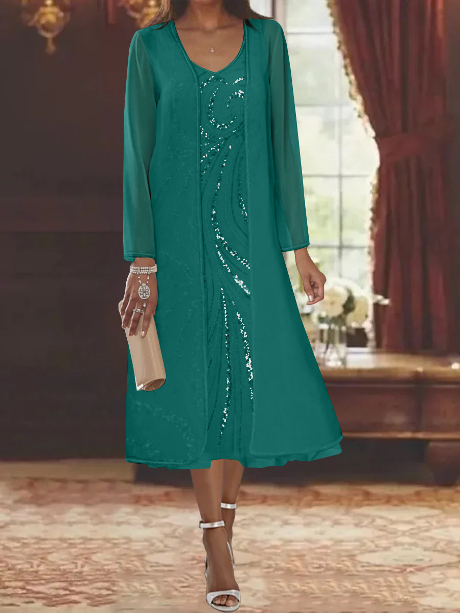 V-Neck Long-Sleeve Tea-Length Mother of the Bride Dress with Jacket and Sequins-BMbridal