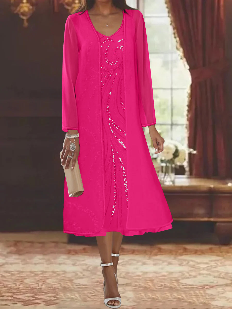 V-Neck Long-Sleeve Tea-Length Mother of the Bride Dress with Jacket and Sequins-BMbridal
