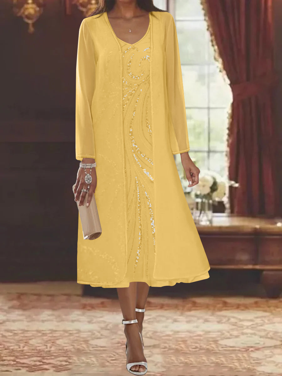 V-Neck Long-Sleeve Tea-Length Mother of the Bride Dress with Jacket and Sequins-BMbridal