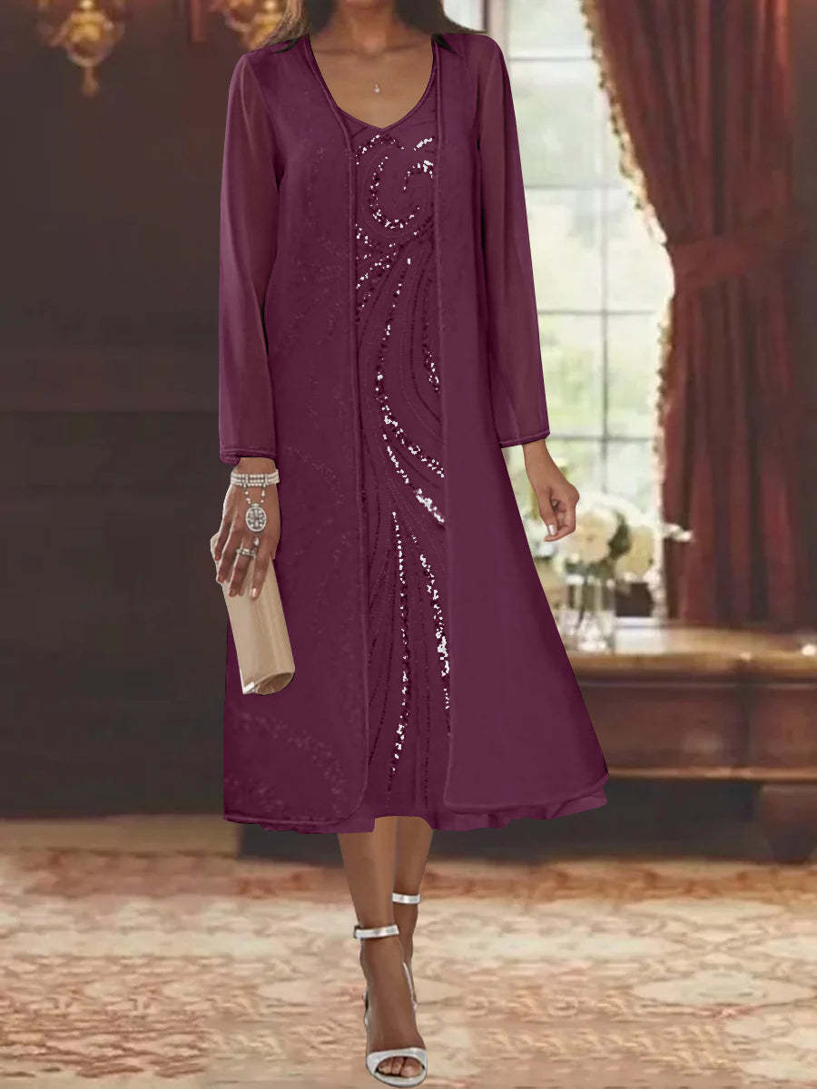 V-Neck Long-Sleeve Tea-Length Mother of the Bride Dress with Jacket and Sequins-BMbridal