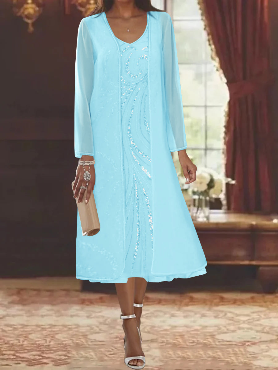 V-Neck Long-Sleeve Tea-Length Mother of the Bride Dress with Jacket and Sequins-BMbridal