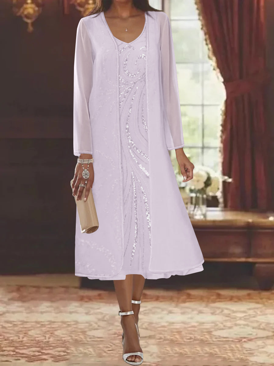 V-Neck Long-Sleeve Tea-Length Mother of the Bride Dress with Jacket and Sequins-BMbridal