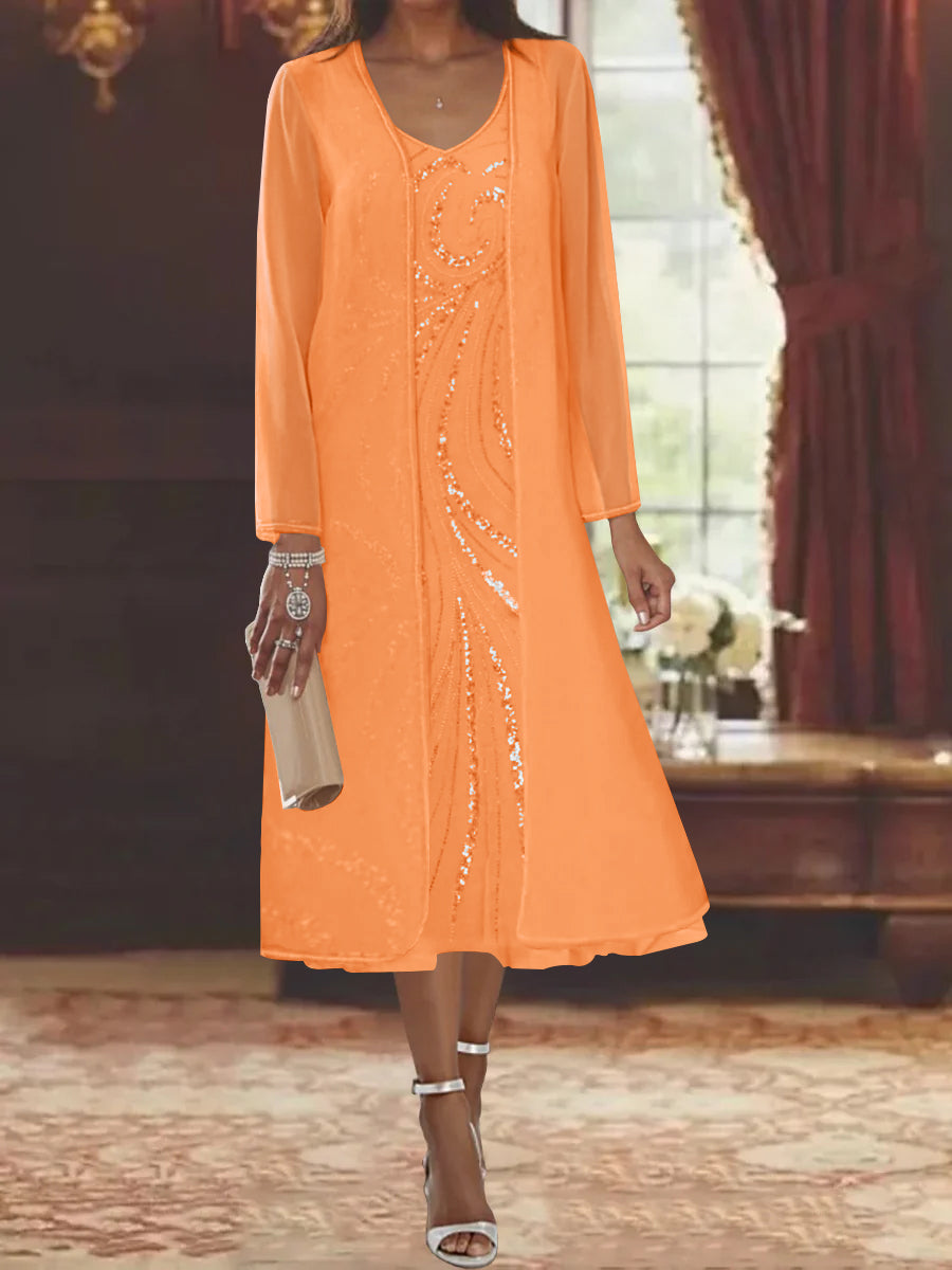 V-Neck Long-Sleeve Tea-Length Mother of the Bride Dress with Jacket and Sequins-BMbridal