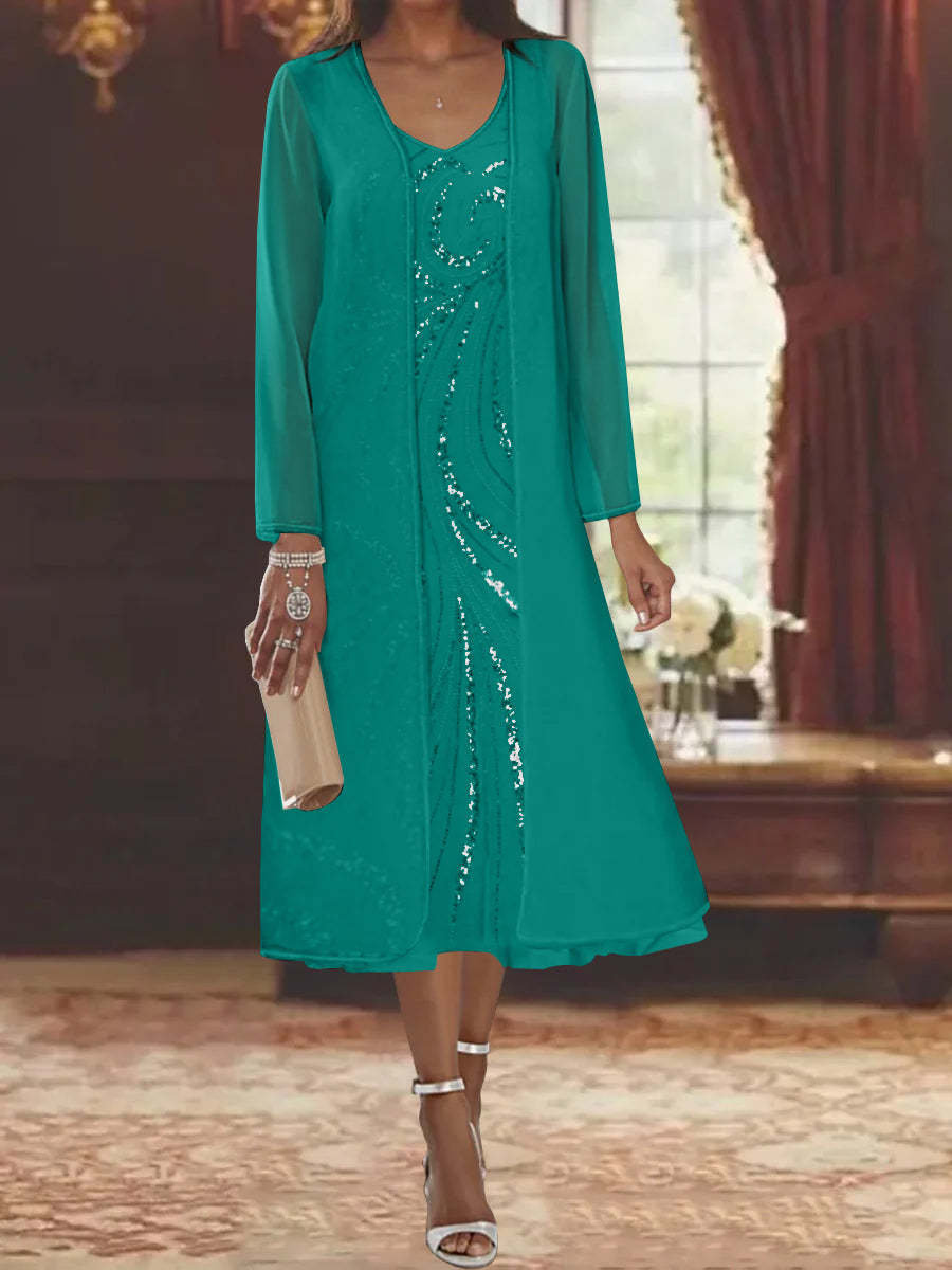 V-Neck Long-Sleeve Tea-Length Mother of the Bride Dress with Jacket and Sequins-BMbridal