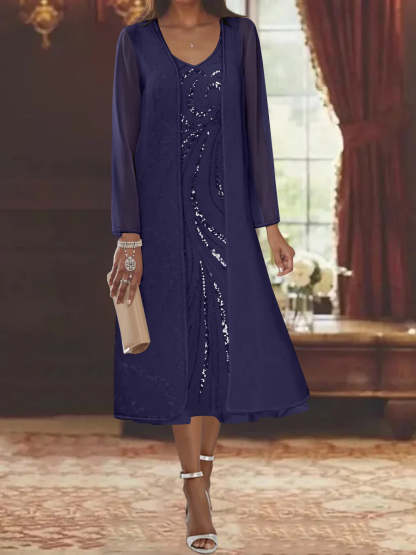 V-Neck Long-Sleeve Tea-Length Mother of the Bride Dress with Jacket and Sequins-BMbridal