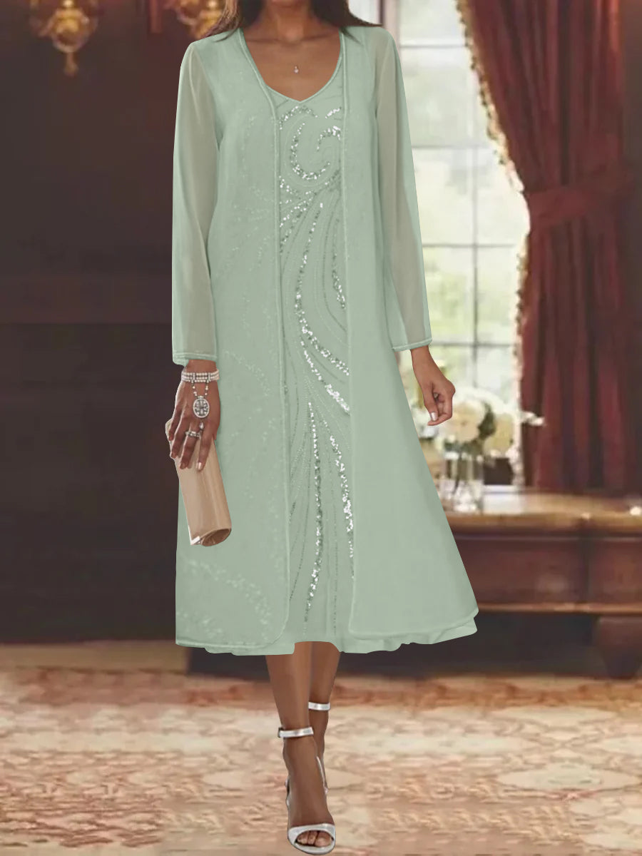 V-Neck Long-Sleeve Tea-Length Mother of the Bride Dress with Jacket and Sequins-BMbridal