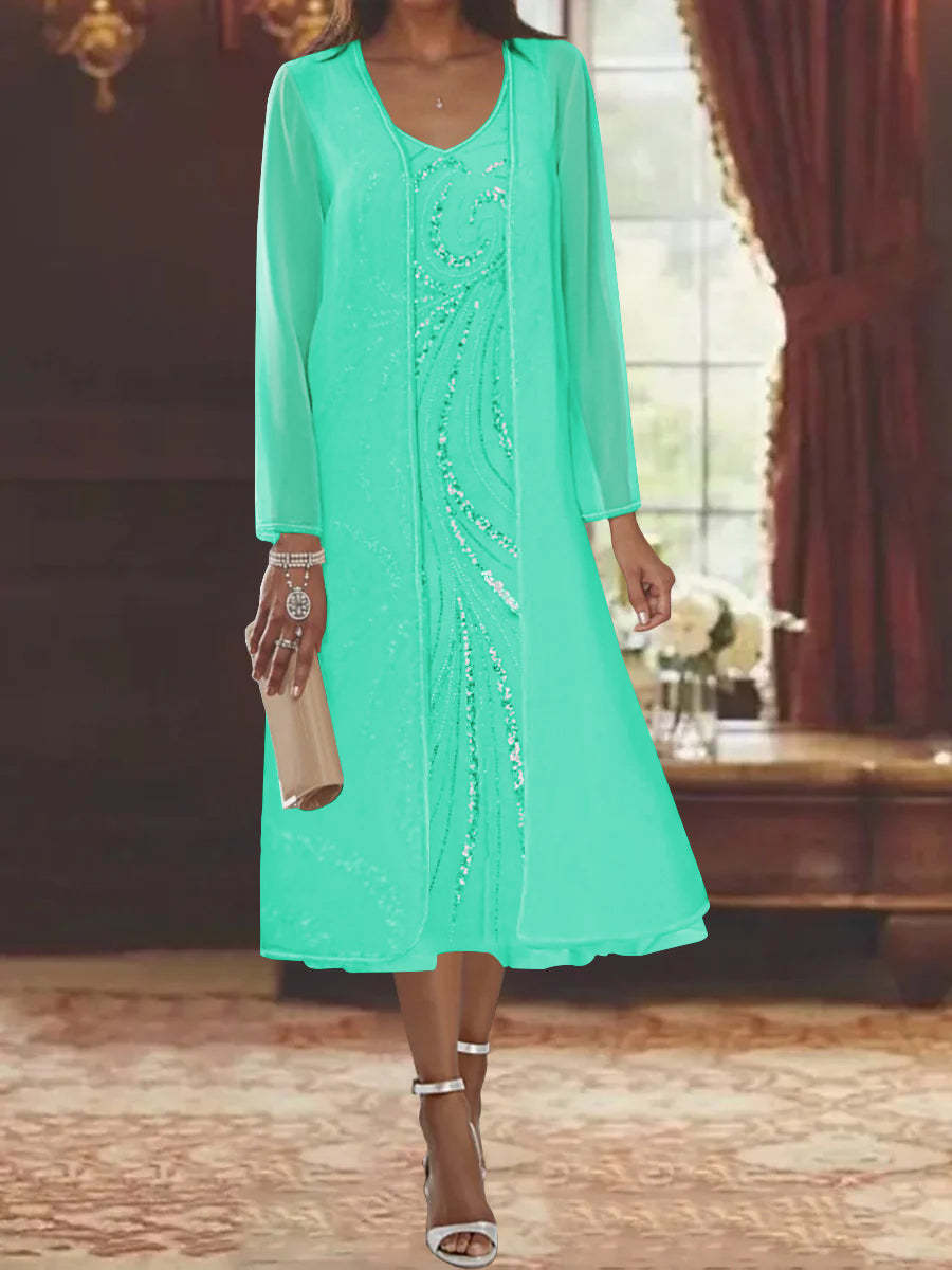 V-Neck Long-Sleeve Tea-Length Mother of the Bride Dress with Jacket and Sequins-BMbridal