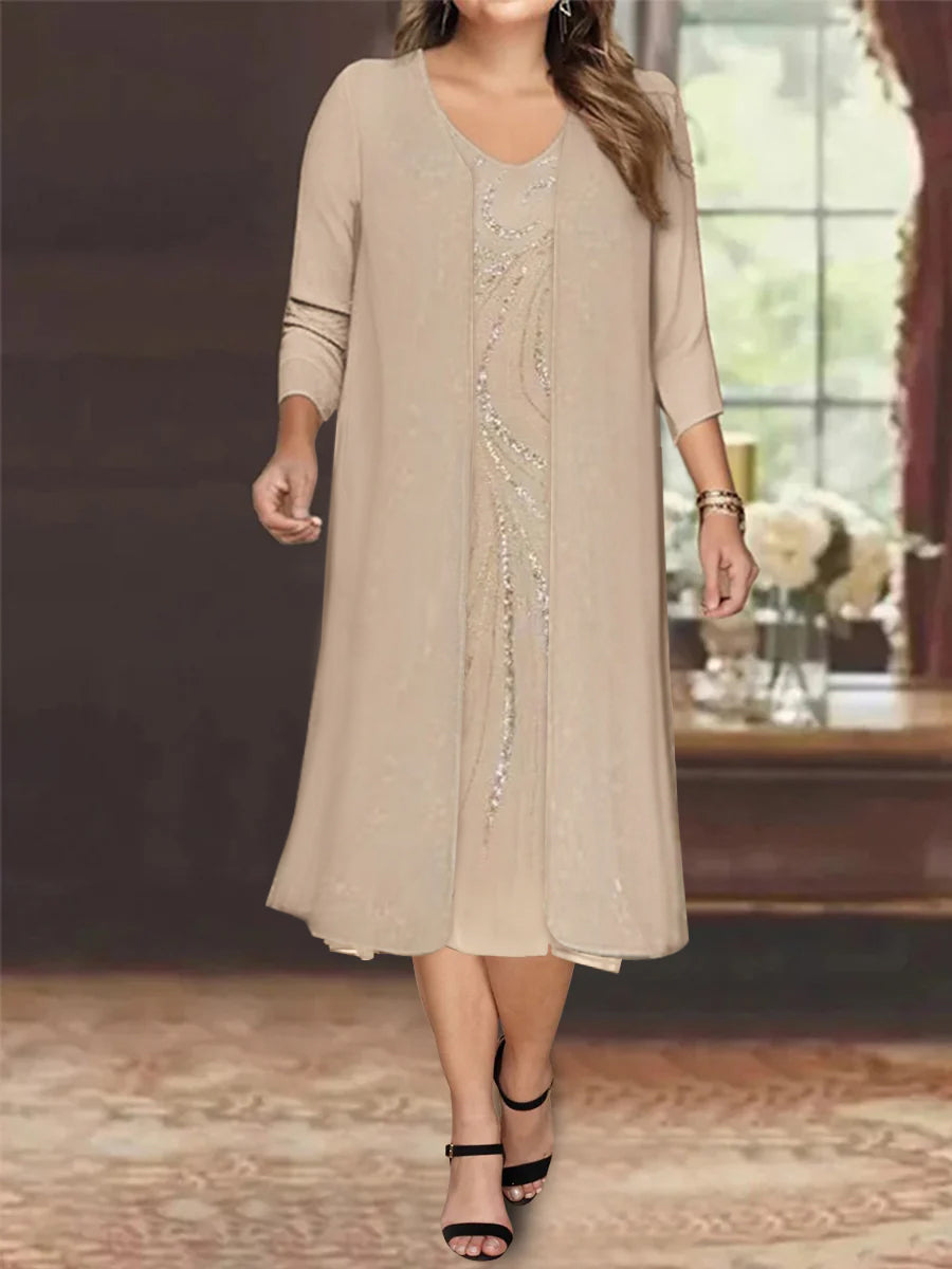 V-Neck Long-Sleeve Tea-Length Plus Size Mother of the Bride Dress with Jacket and Sequins-BMbridal
