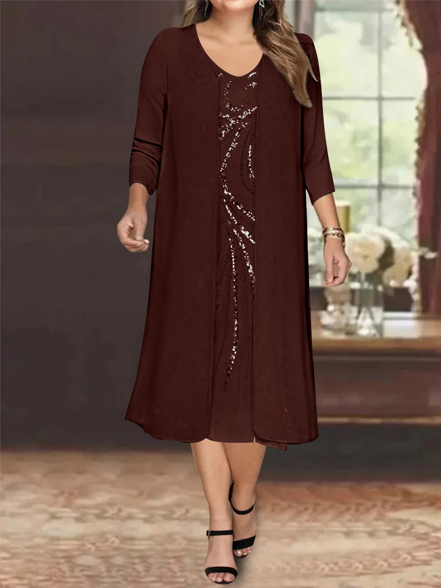 V-Neck Long-Sleeve Tea-Length Plus Size Mother of the Bride Dress with Jacket and Sequins-BMbridal