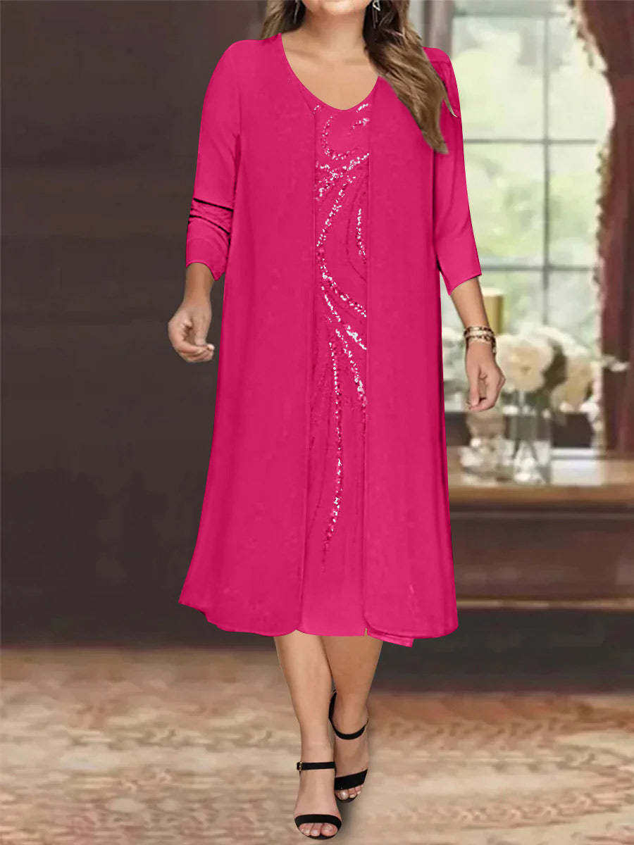 V-Neck Long-Sleeve Tea-Length Plus Size Mother of the Bride Dress with Jacket and Sequins-BMbridal