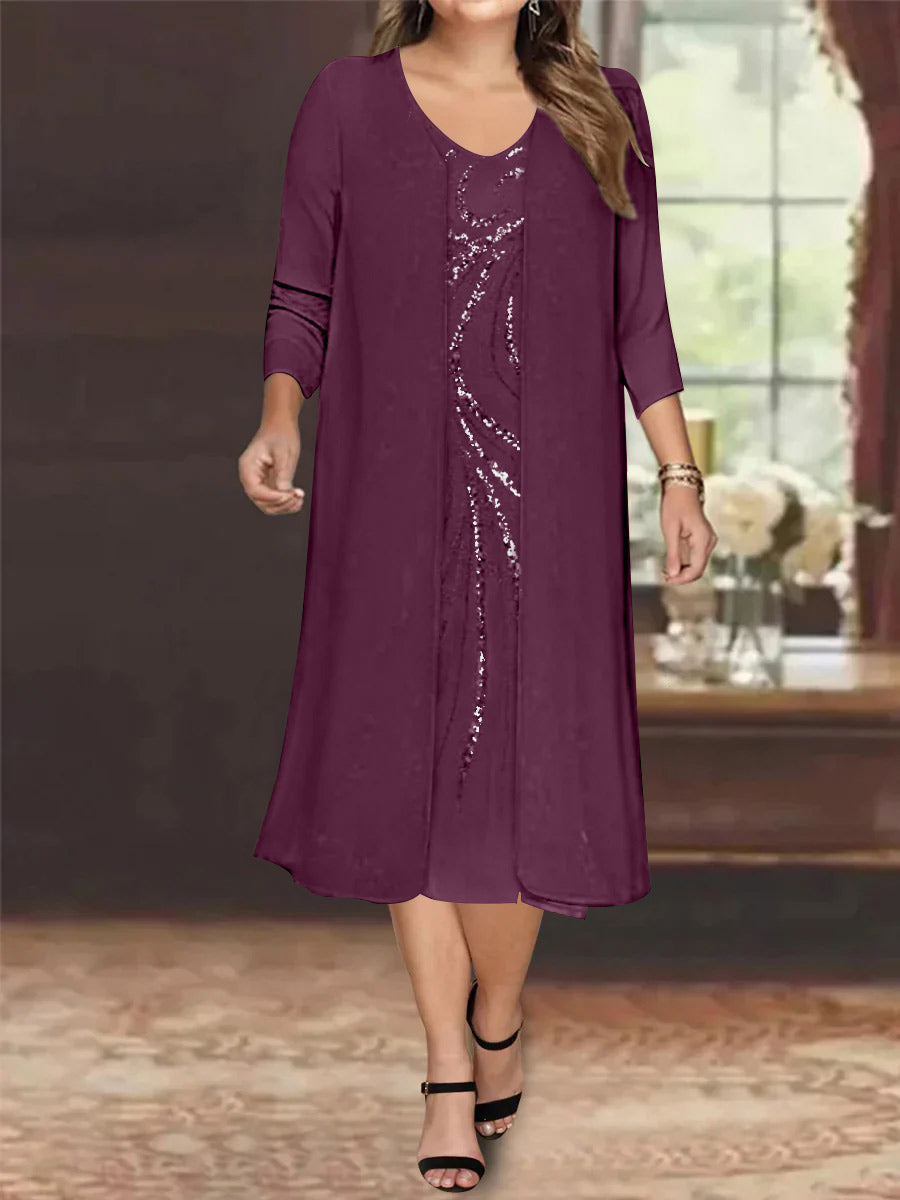 V-Neck Long-Sleeve Tea-Length Plus Size Mother of the Bride Dress with Jacket and Sequins-BMbridal