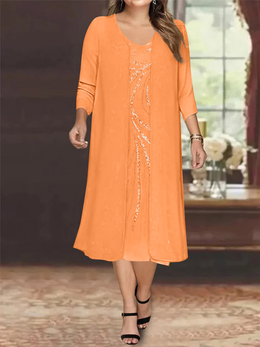 V-Neck Long-Sleeve Tea-Length Plus Size Mother of the Bride Dress with Jacket and Sequins-BMbridal