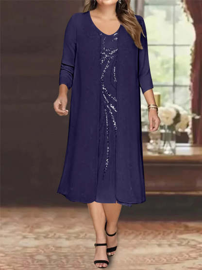 V-Neck Long-Sleeve Tea-Length Plus Size Mother of the Bride Dress with Jacket and Sequins-BMbridal