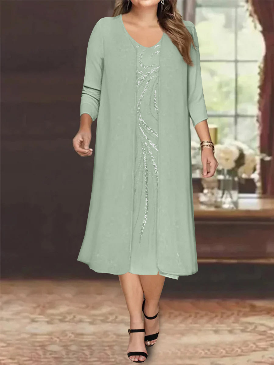 V-Neck Long-Sleeve Tea-Length Plus Size Mother of the Bride Dress with Jacket and Sequins-BMbridal