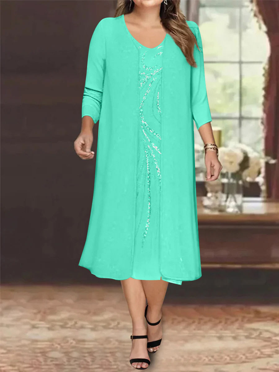 V-Neck Long-Sleeve Tea-Length Plus Size Mother of the Bride Dress with Jacket and Sequins-BMbridal