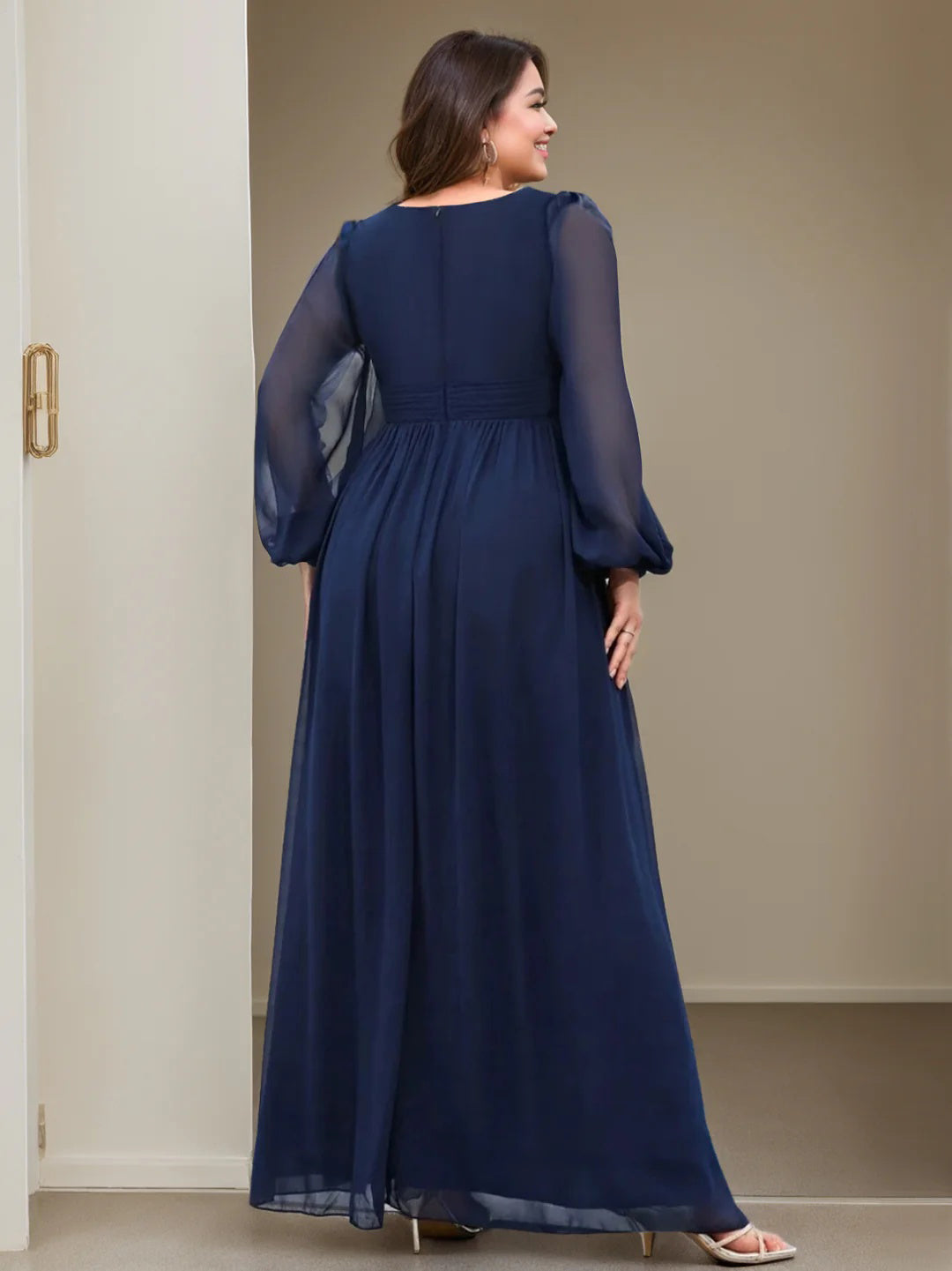 Plus Size Floor-Length Mother of the Bride A-Line Dress with V-Neck and Ruffled Long Sleeves-BMbridal