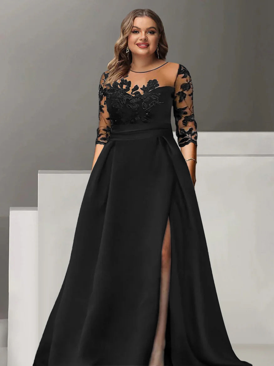 Sweetheart A-Line Princess Floor-Length Plus Size Mother of the Bride Dress with 3/4 Sleeves Lace & Side Split-BMbridal