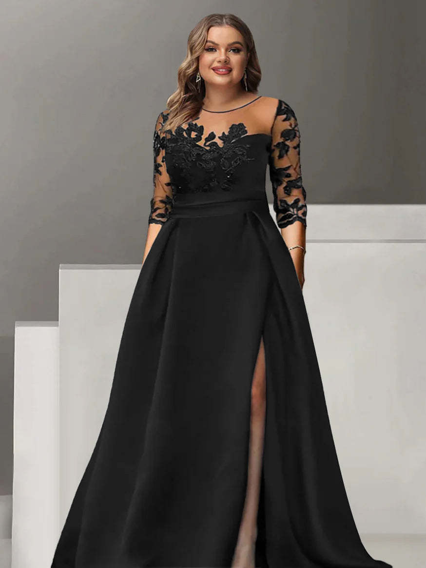 Sweetheart A-Line Princess Floor-Length Plus Size Mother of the Bride Dress with 3/4 Sleeves Lace & Side Split-BMbridal