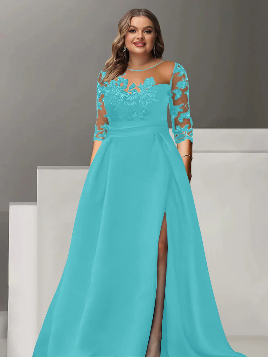 Sweetheart A-Line Princess Floor-Length Plus Size Mother of the Bride Dress with 3/4 Sleeves Lace & Side Split-BMbridal