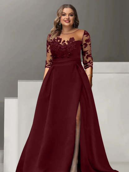 Sweetheart A-Line Princess Floor-Length Plus Size Mother of the Bride Dress with 3/4 Sleeves Lace & Side Split-BMbridal