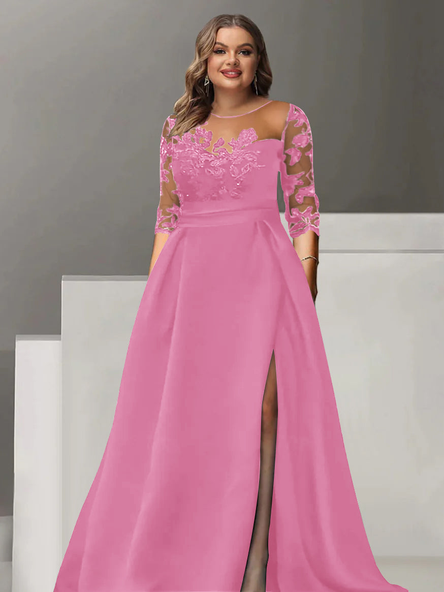Sweetheart A-Line Princess Floor-Length Plus Size Mother of the Bride Dress with 3/4 Sleeves Lace & Side Split-BMbridal