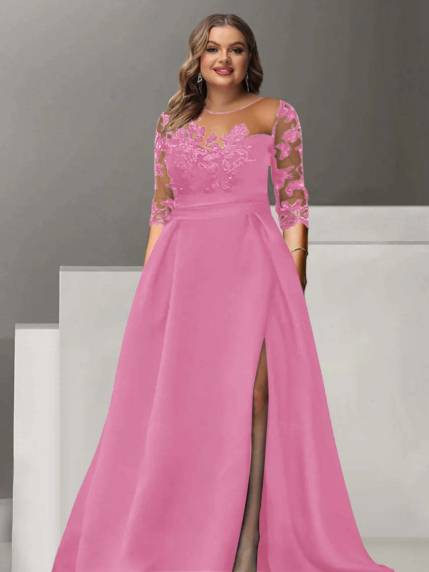 Sweetheart A-Line Princess Floor-Length Plus Size Mother of the Bride Dress with 3/4 Sleeves Lace & Side Split-BMbridal