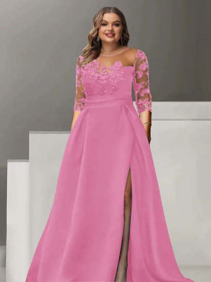 Sweetheart A-Line Princess Floor-Length Plus Size Mother of the Bride Dress with 3/4 Sleeves Lace & Side Split-BMbridal