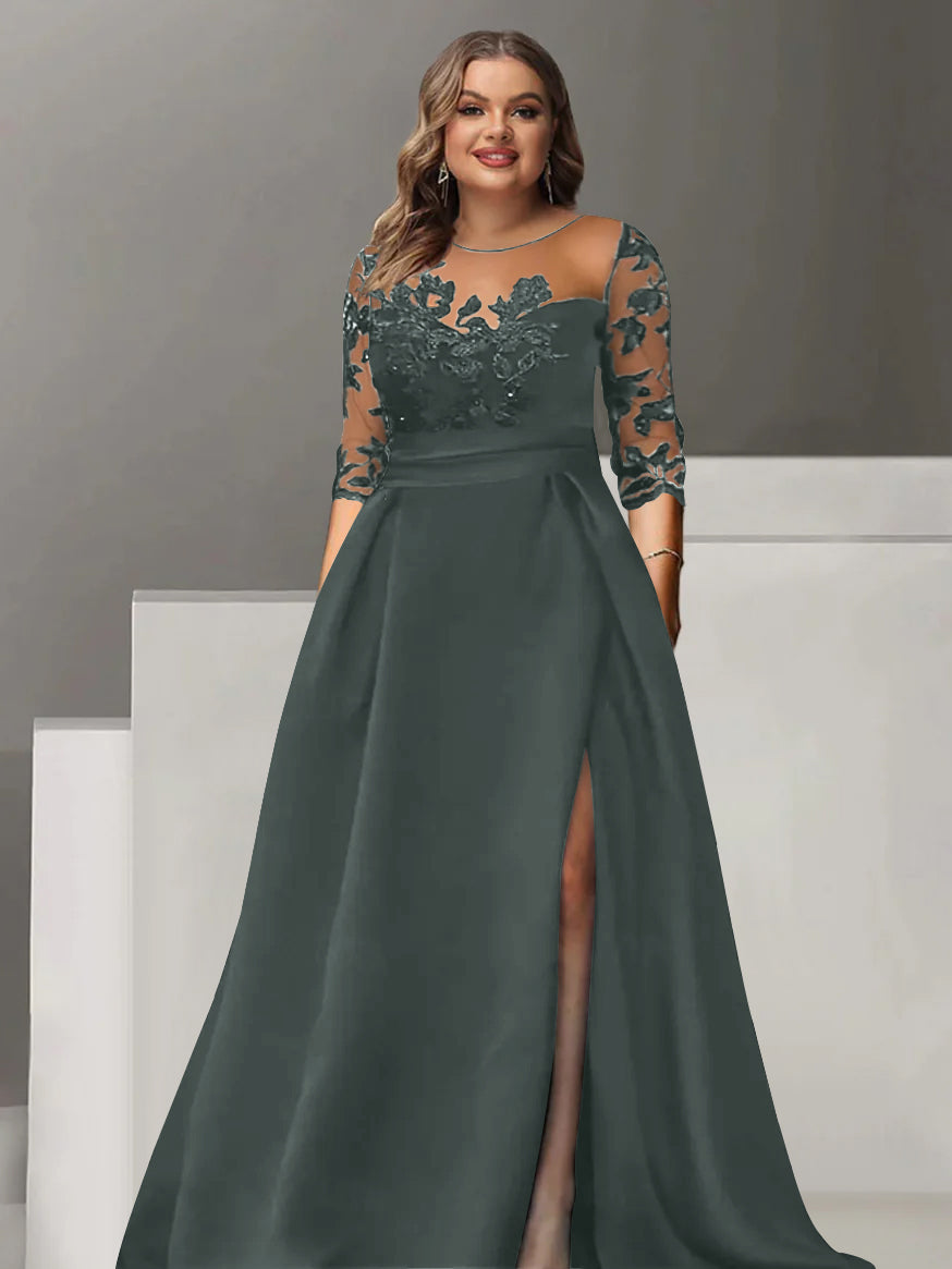 Sweetheart A-Line Princess Floor-Length Plus Size Mother of the Bride Dress with 3/4 Sleeves Lace & Side Split-BMbridal