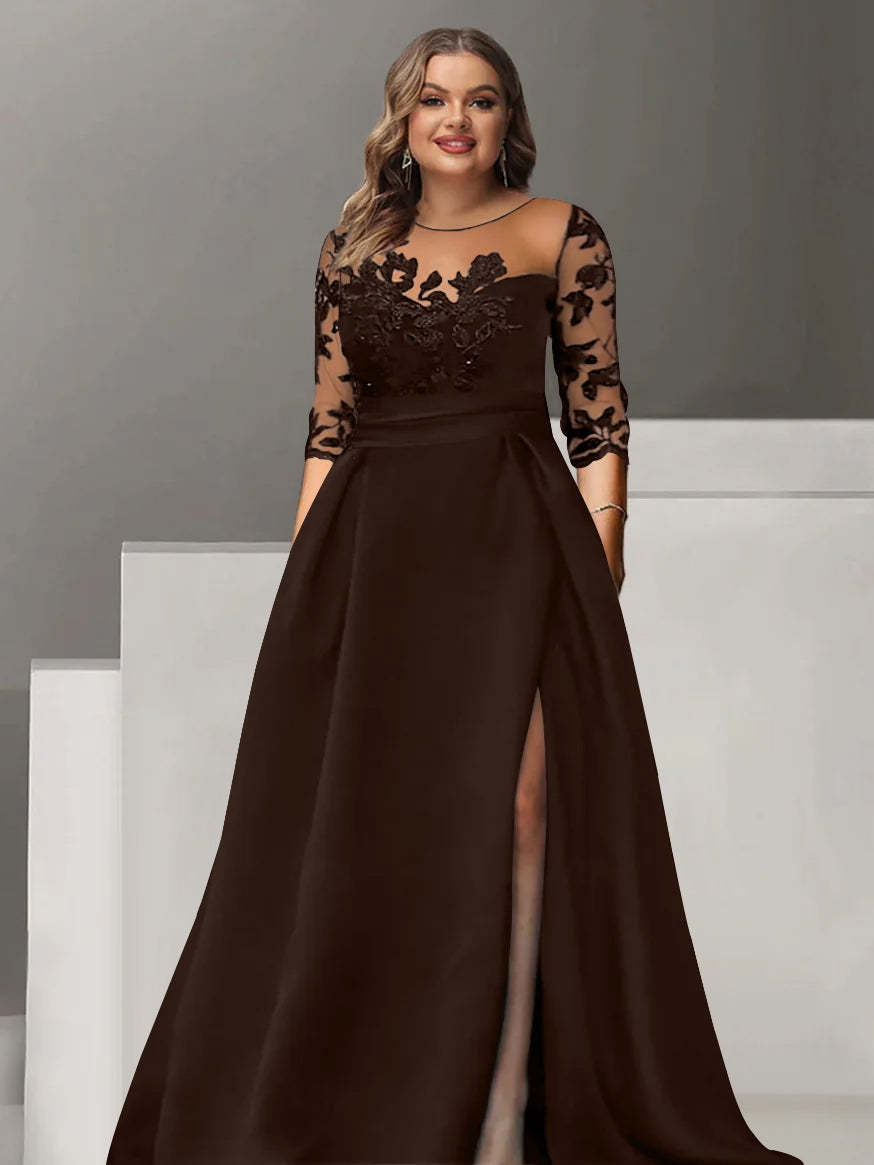 Sweetheart A-Line Princess Floor-Length Plus Size Mother of the Bride Dress with 3/4 Sleeves Lace & Side Split-BMbridal