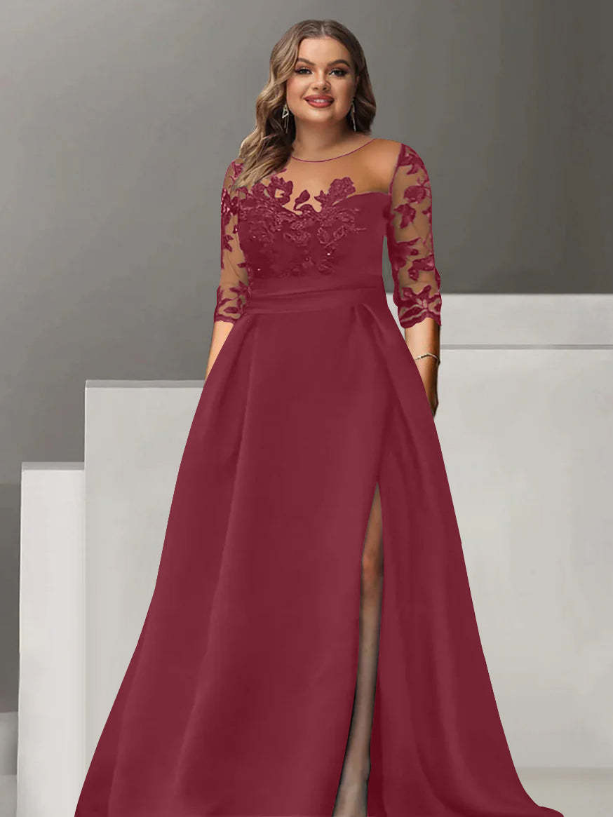 Sweetheart A-Line Princess Floor-Length Plus Size Mother of the Bride Dress with 3/4 Sleeves Lace & Side Split-BMbridal