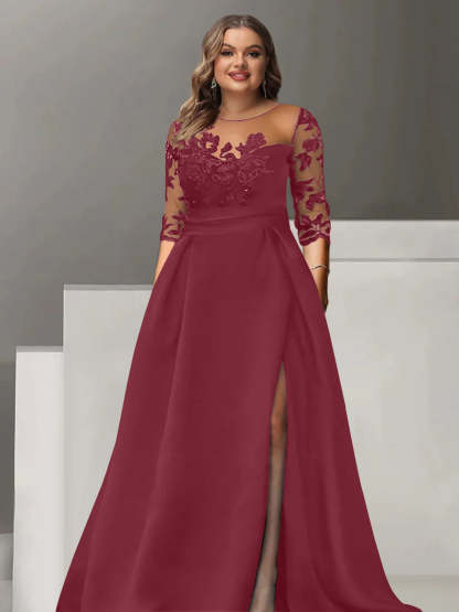Sweetheart A-Line Princess Floor-Length Plus Size Mother of the Bride Dress with 3/4 Sleeves Lace & Side Split-BMbridal
