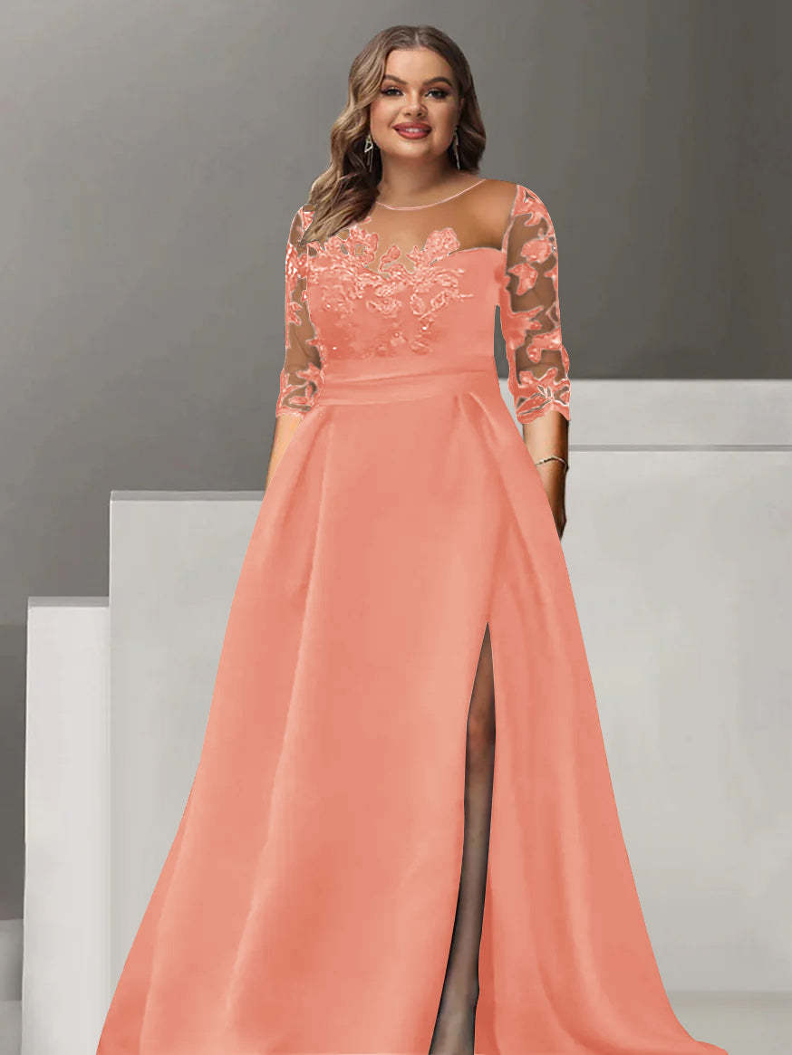 Sweetheart A-Line Princess Floor-Length Plus Size Mother of the Bride Dress with 3/4 Sleeves Lace & Side Split-BMbridal