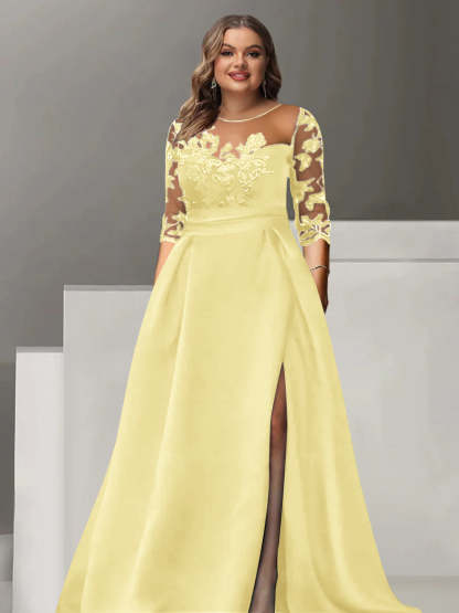 Sweetheart A-Line Princess Floor-Length Plus Size Mother of the Bride Dress with 3/4 Sleeves Lace & Side Split-BMbridal